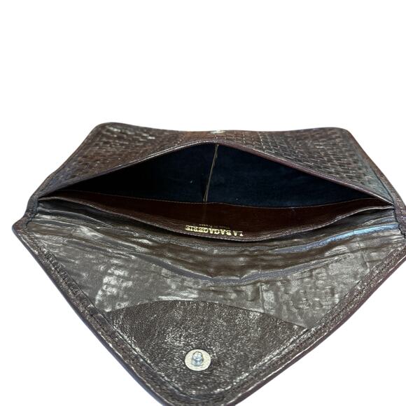 La Bagagerie Brown Woven Leather Envelope Clutch Handbag France Classic Chic - Picture 8 of 13